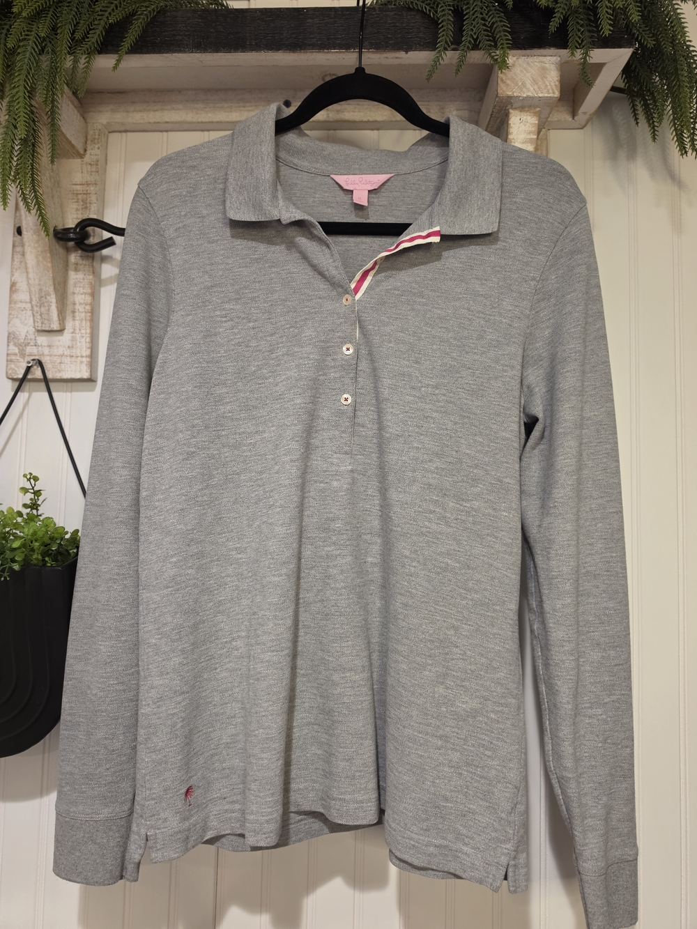 Lilly Pulitzer Gray Long Sleeve Polo with Pink Trim
